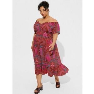 NWT TORRID Tea Length Challis Off-Shoulder Patchwork Midi Dress